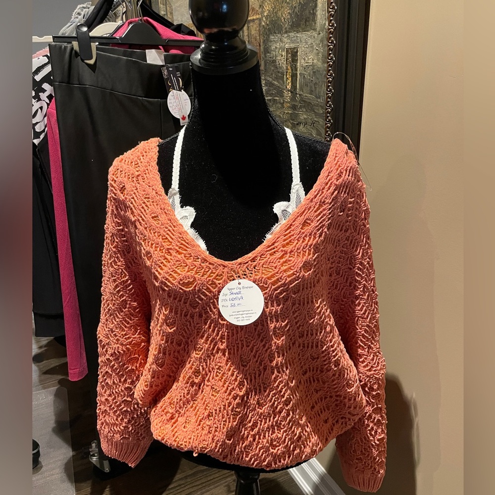 Crochet and Knitted Papaya V Neck Sweater